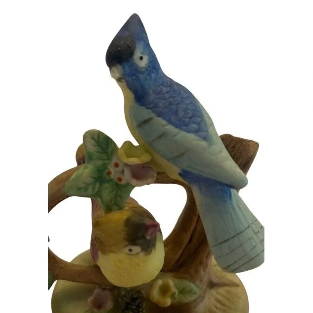 Vintage Blue Jay & Yellow Bird Perched On Tree Ceramic Figurine Decor 4" Germany - Picture 2 of 6